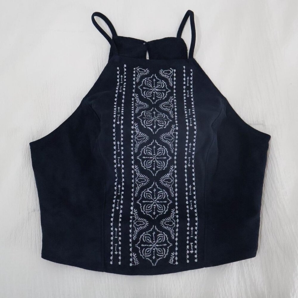 Abercrombie & Fitch Women's Embroidered Navy Blue Crop Top in Size XS